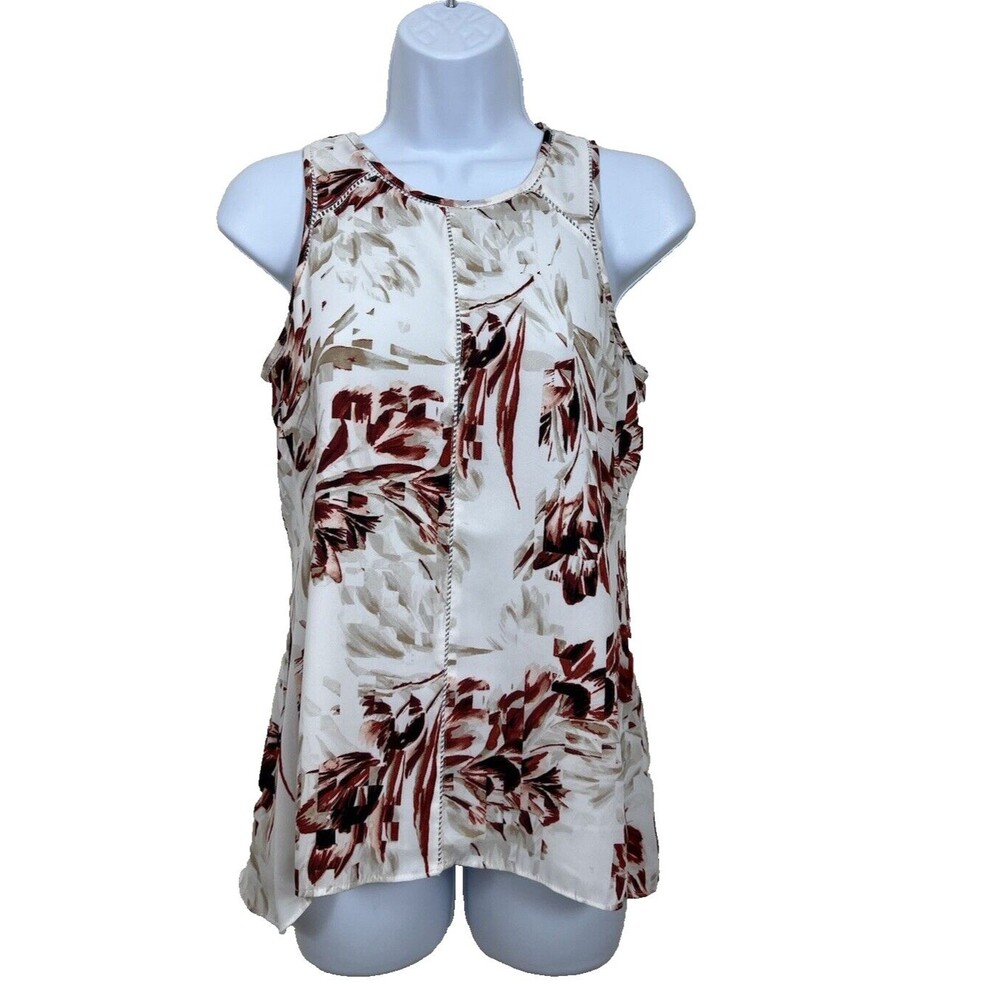 White House Black Market Women’s Sleeveless Floral Blouse Ivory/Red XXS
